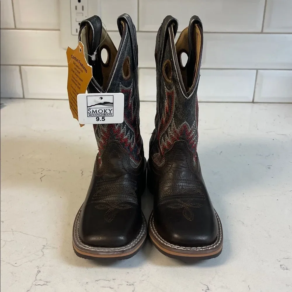 Smokey Mountain Boots Black & Brown Distressed Western Cowboy Boots Size 9.5 New